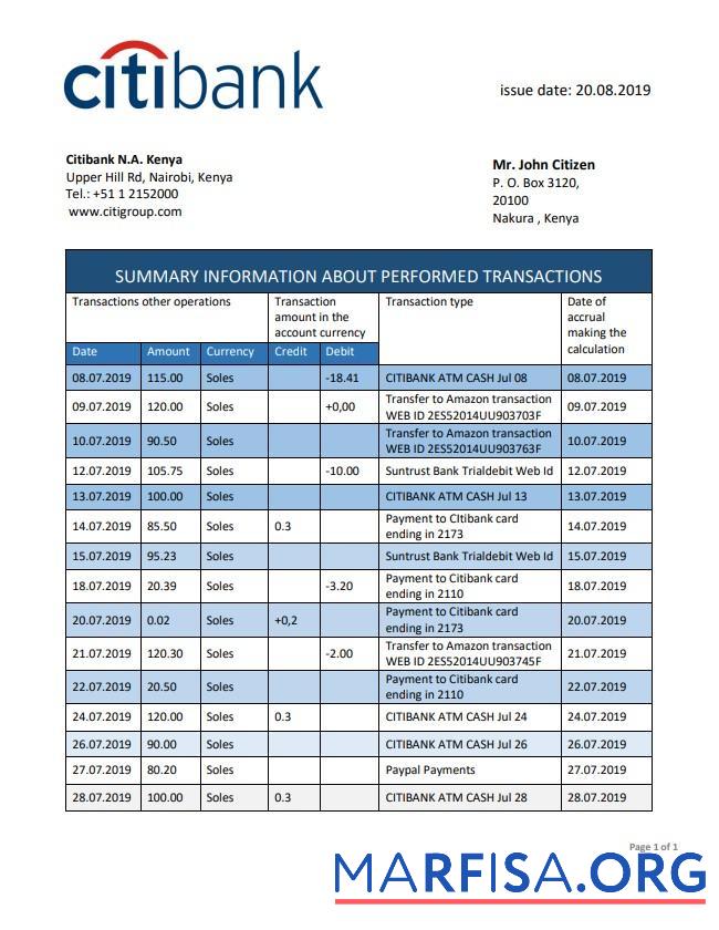 Downloadable Kenya Citibank bank statement word download for verification